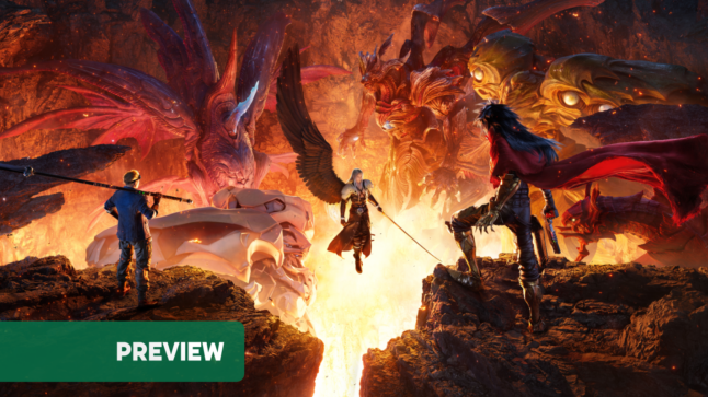 Sephiroth flying above a gap where giant monsters are behind them
